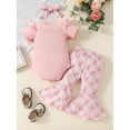 thumbnail image 3 of Bslissey Baby Girls Summer 3Pcs Outfits Pink Short Sleeve Letter Print Romper + Flower Print Flared Pants + Headband 3M 6M 12M 18M Infant Toddler Casual Long Pants Sets, 3 of 10