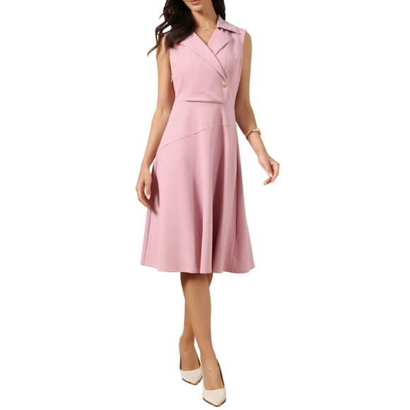 Business Casual Dress for Women's Notched Lapel Sleeveless Work A-Line Formal Midi Dress L Pink
