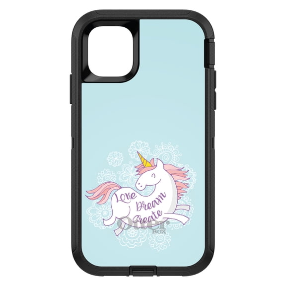 DistinctInk OtterBox Defender Custom Case for Apple iPhone 15 (6.1" Screen) - Love / Dream / Create - Raised Bezel Screen Guard