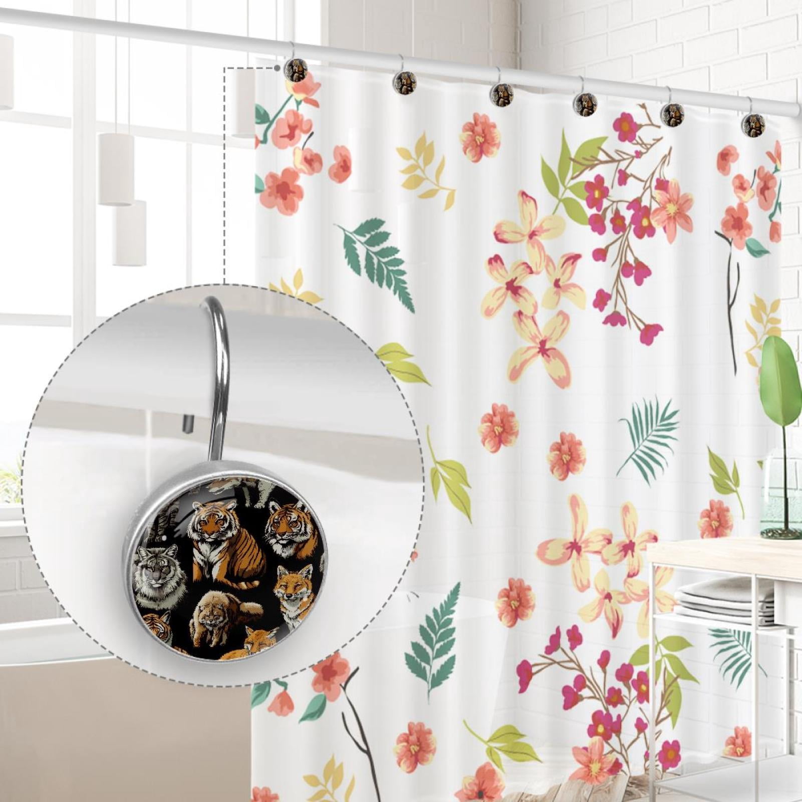 Wild Tigers Foxes Shower Curtain Hooks Round Crystal Glass, Set of 12 Shower Curtain Rings - Shower Hooks for Curtain Shower Rings