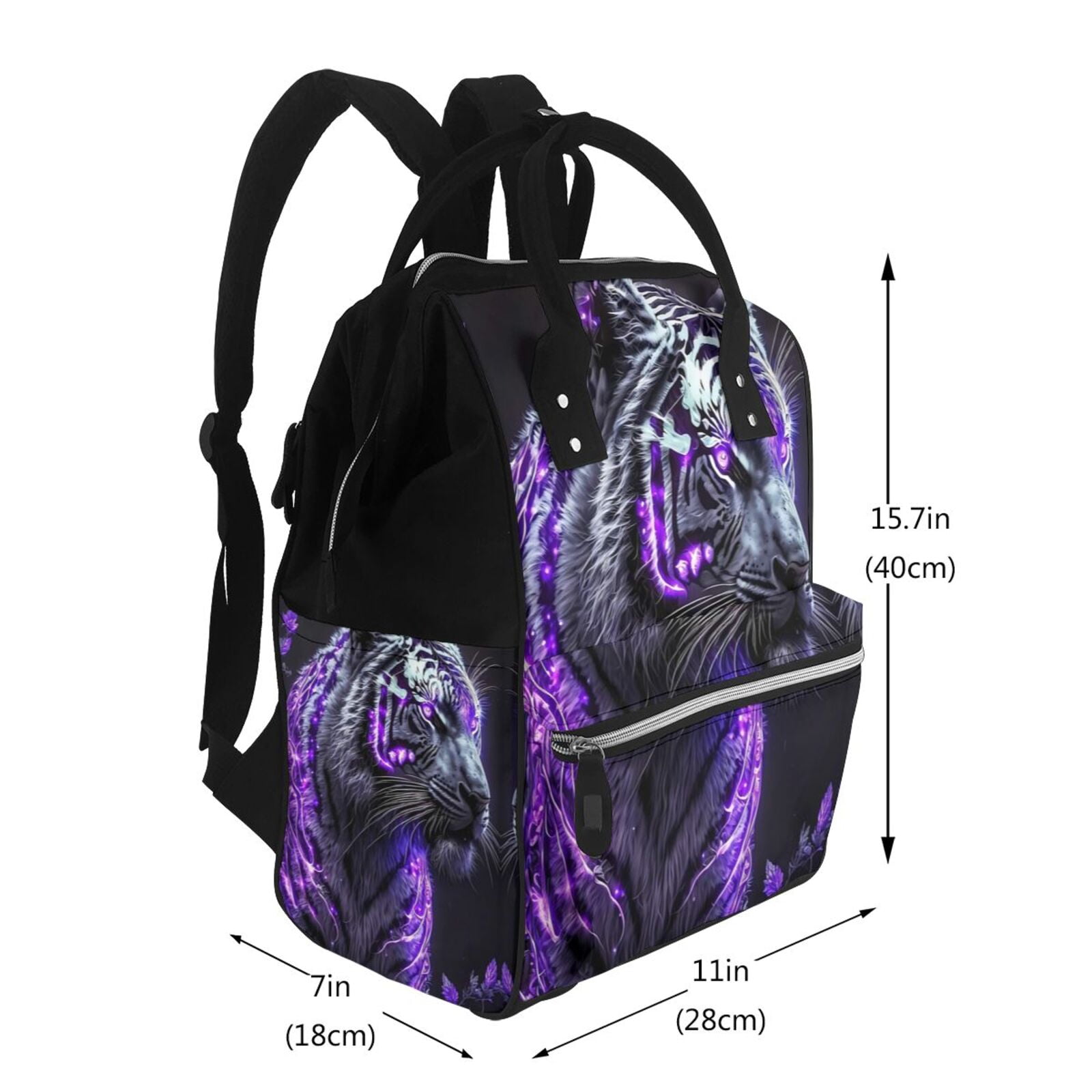 Ratiio Purple Plant White Tiger Mummy Backpack - Waterproof Twill Canvas, Large Capacity Diaper Bag with Multiple Pockets and Adjustable Straps