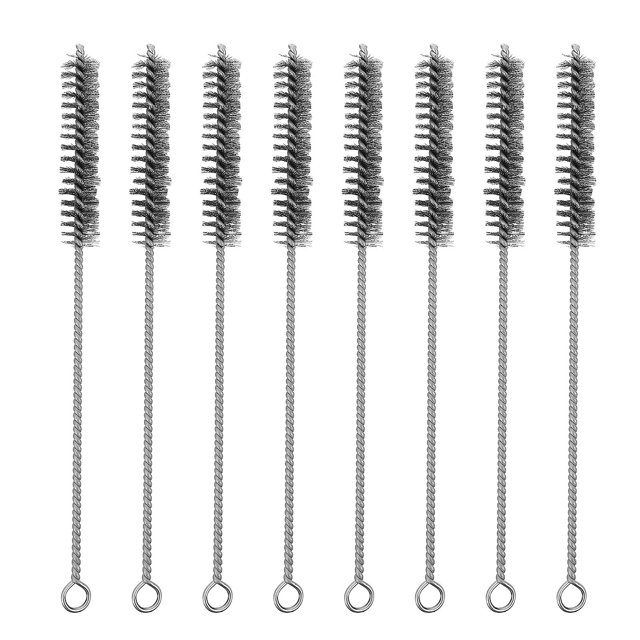 8 cepillos de limpieza de alambre de acero inoxidable resistentes, juego de cepillos para desagües y tubos aprox. 29.5 x 1.5 cm (11.6 x 0.59 in), varillas trenzadas con anilla final y cerdas densas para acceder a diámetros internos, grietas y superficies roscadas; también adecuados para limpiar piezas metálicas interiores.