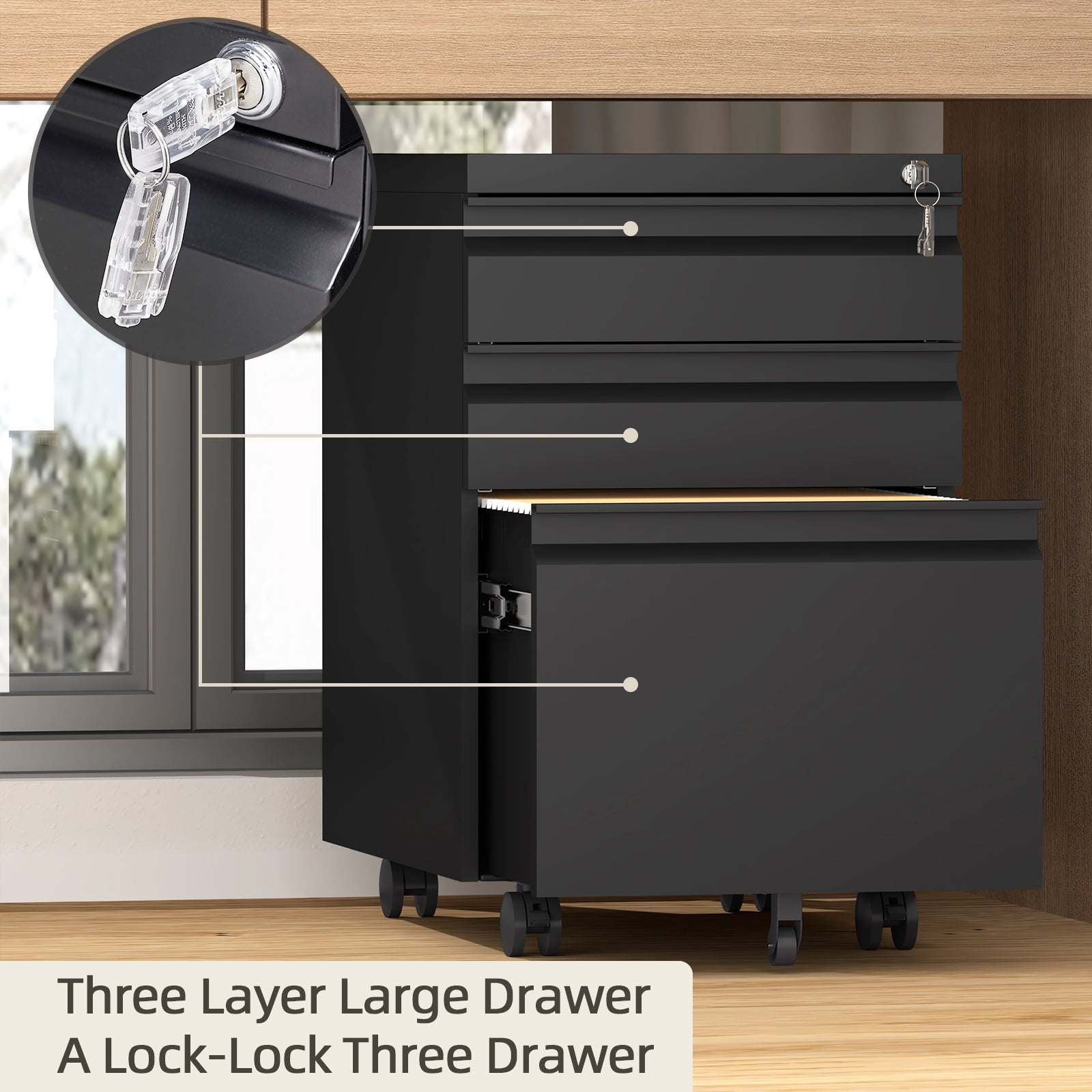 Marcree 3 Drawer File Cabinet with Lock, Black Mobile File Cabinets for Home Office,Under Desk Small Filing Cabinet, Rolling File Cabinets for A4/Letter/Legal, Fully assembled