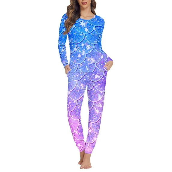 Renewold Women's Pajama Long Sleeve Sleepwear 2 Piece Pajamas Set Soft Comfortable Pj Glittering Blue Scales Lounge Sets Daily Indoor Yoga Sweatpants Size M