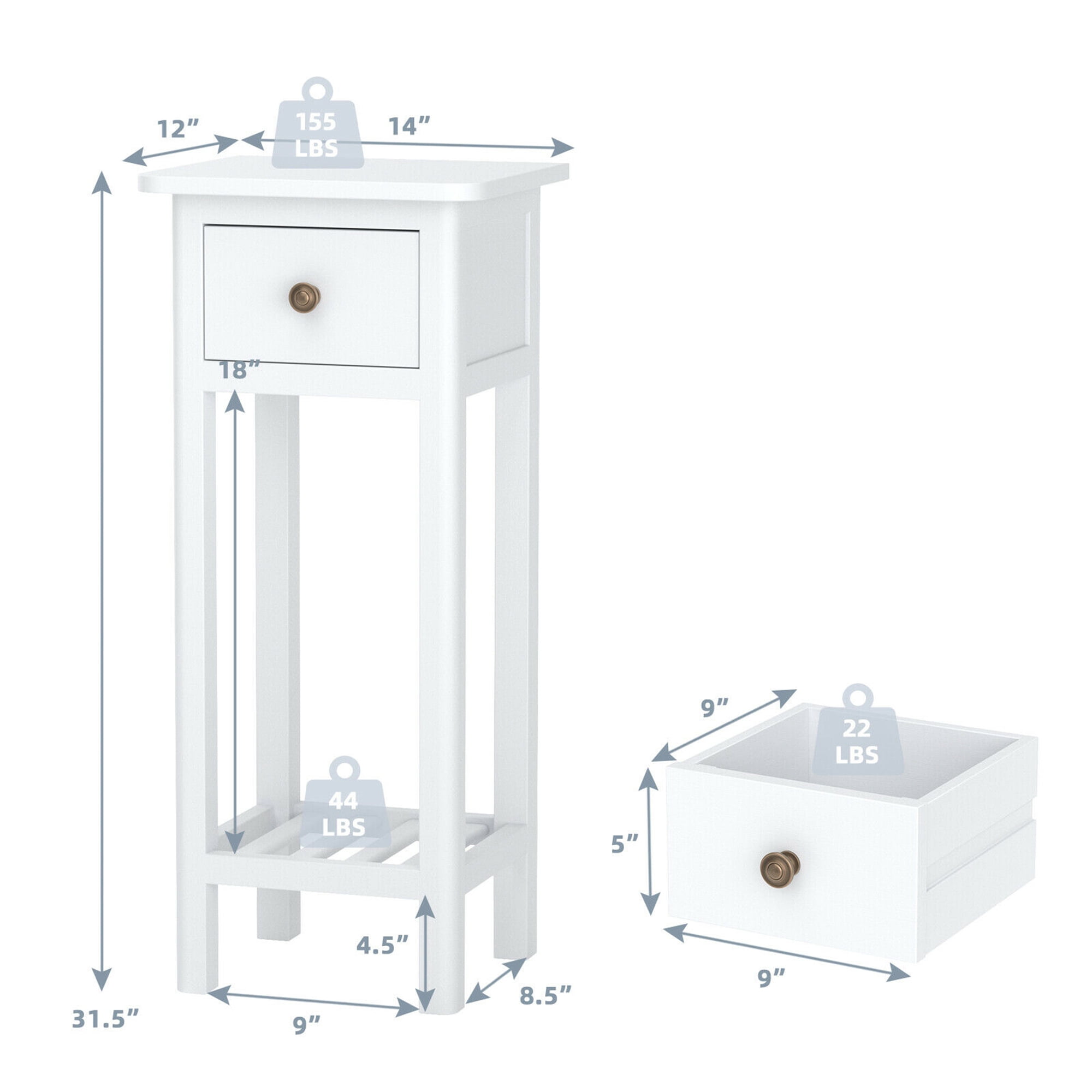 Gymax 2 Tier End Table with Drawer, White