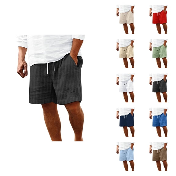 Cotton Linen Shorts for Men Summer Casual Lightweight Wide Straight Leg Loose Beach Shorts with Pockets