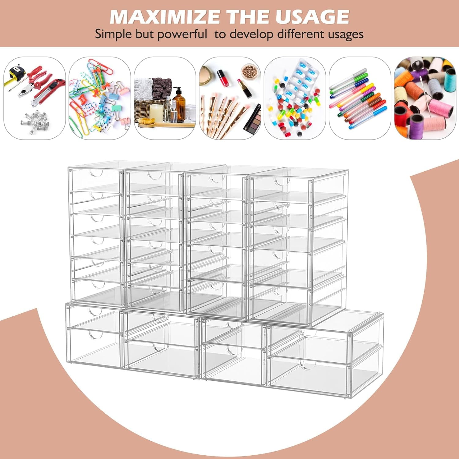 Makeup Organizer Storage with 16 Drawers, 4 Pcs Desktop Office Supplies, Desk Organizers, Clear Accessories, Dustproof Storage Drawer for Make Up, Jewelry, Pen, Stationery