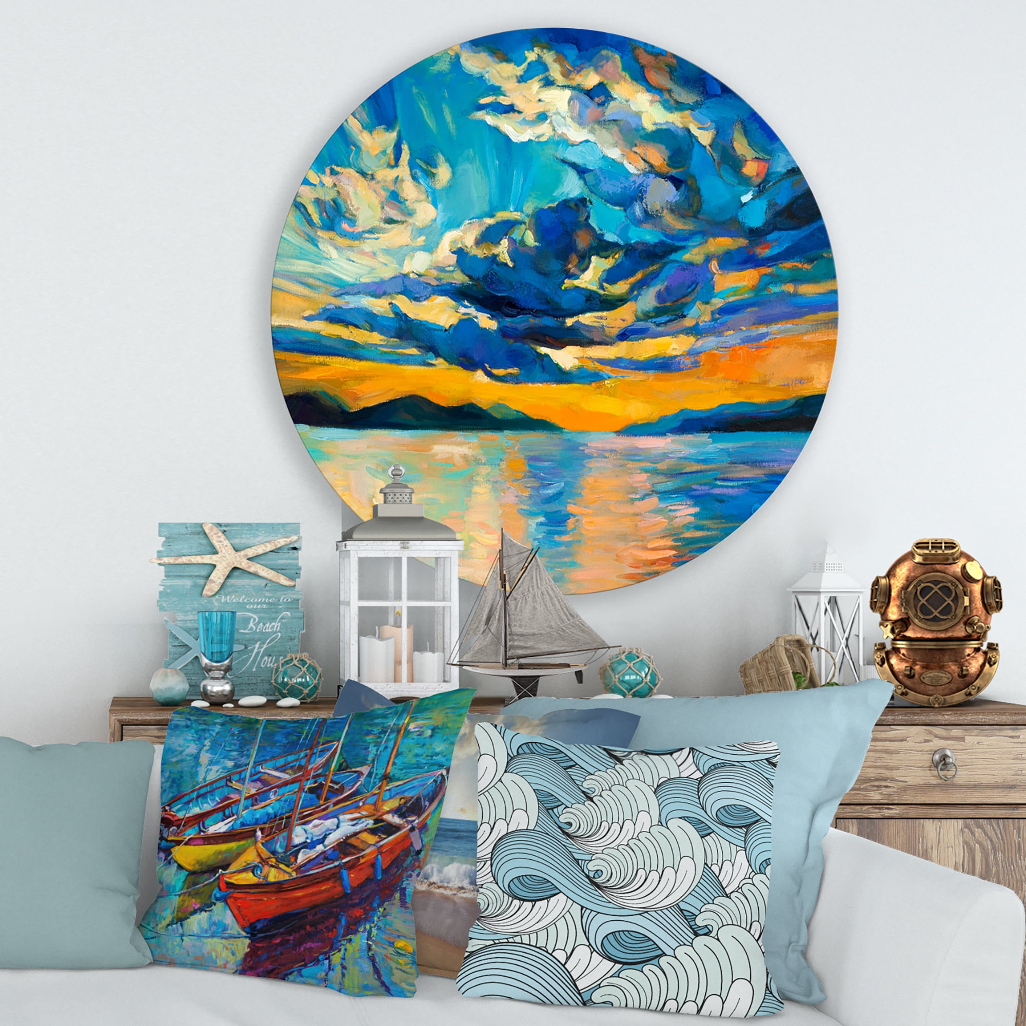 Designart 'Cloudy Sunset Over Wide Open Ocean Horizon' Nautical & Coastal Circle Metal Wall Art 36x36 - Disc of 36