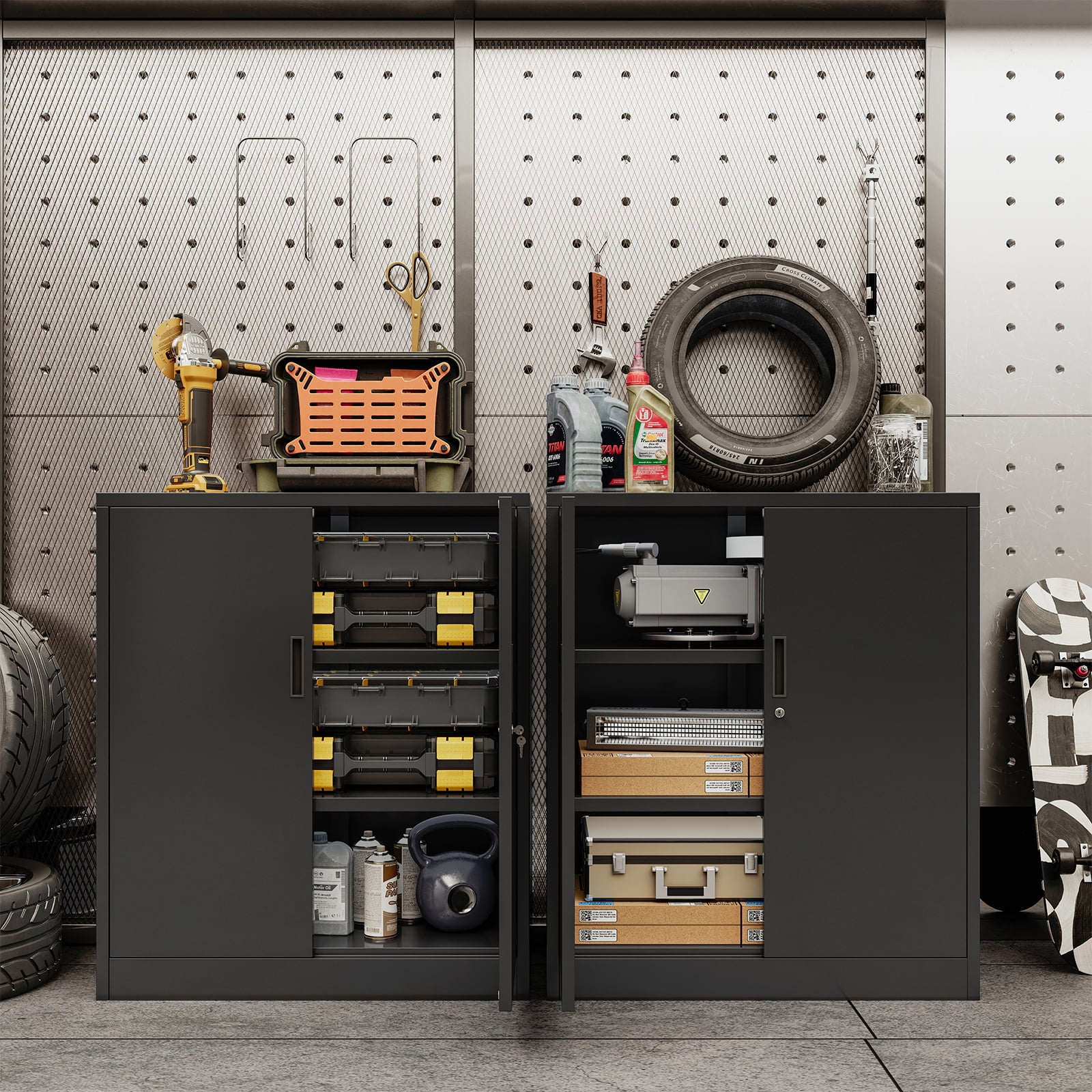 CJF Metal Storage Cabinet, Steel Locking Storage Cabinet with 2 Shelves for Home, Office, Garage, 36.2" H x 31.5" W x 15.7" D (Black)