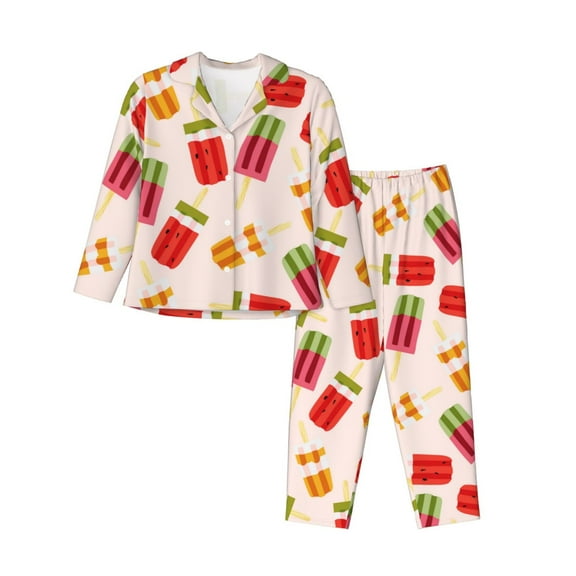 Pajamas for Women Set - Popsicle print Comfy Long Sleeve Button Up Pajama Sets for Women 2 Piece, Soft Sleepwear Nightwear Pjs Lounge Sets for Women with Pockets