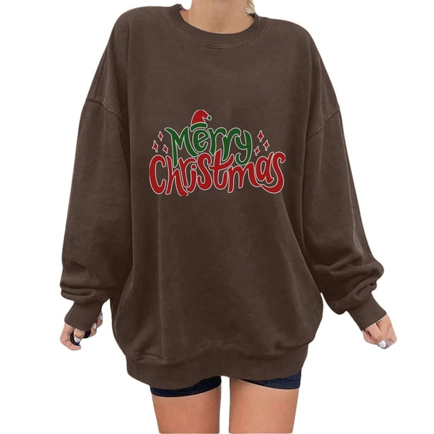 Top de suéter con estampado navideño de manga larga con cuello redondo para mujer primavera otoño Pompotops FGAJ10697