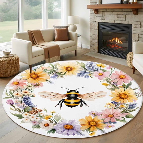 Spring Bee Wreath Round Rug 5ft Washable Circle Kitchen Rugs Non Slip Farmhouse Watercolor Floral Large Area Rug Indoor Floor Carpet for Bedroom Living Room Home Office Dining Room Nursery