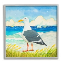 Stupell Industries Seagull on Beach Painting Animals & Insects Painting Gray Framed Art Print Wall Art, 12 x 12