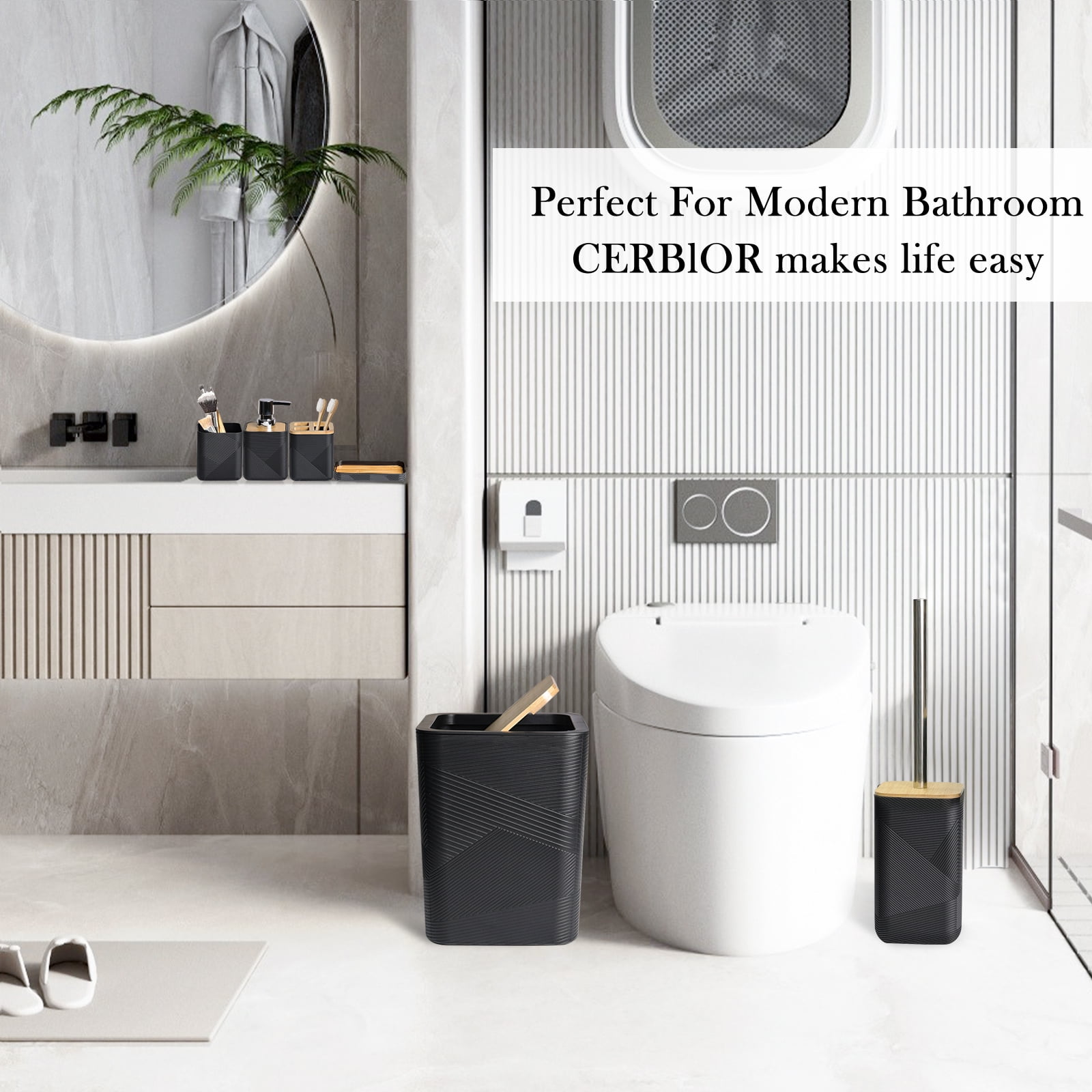 CERBIOR Bathroom Accessories Set 6 Piece Bamboo Bath Ensemble Includes Soap Dispenser, Toothbrush Holder, Toothbrush Cup, Soap Dish for Decorative Countertop and Housewarming Gift, Black
