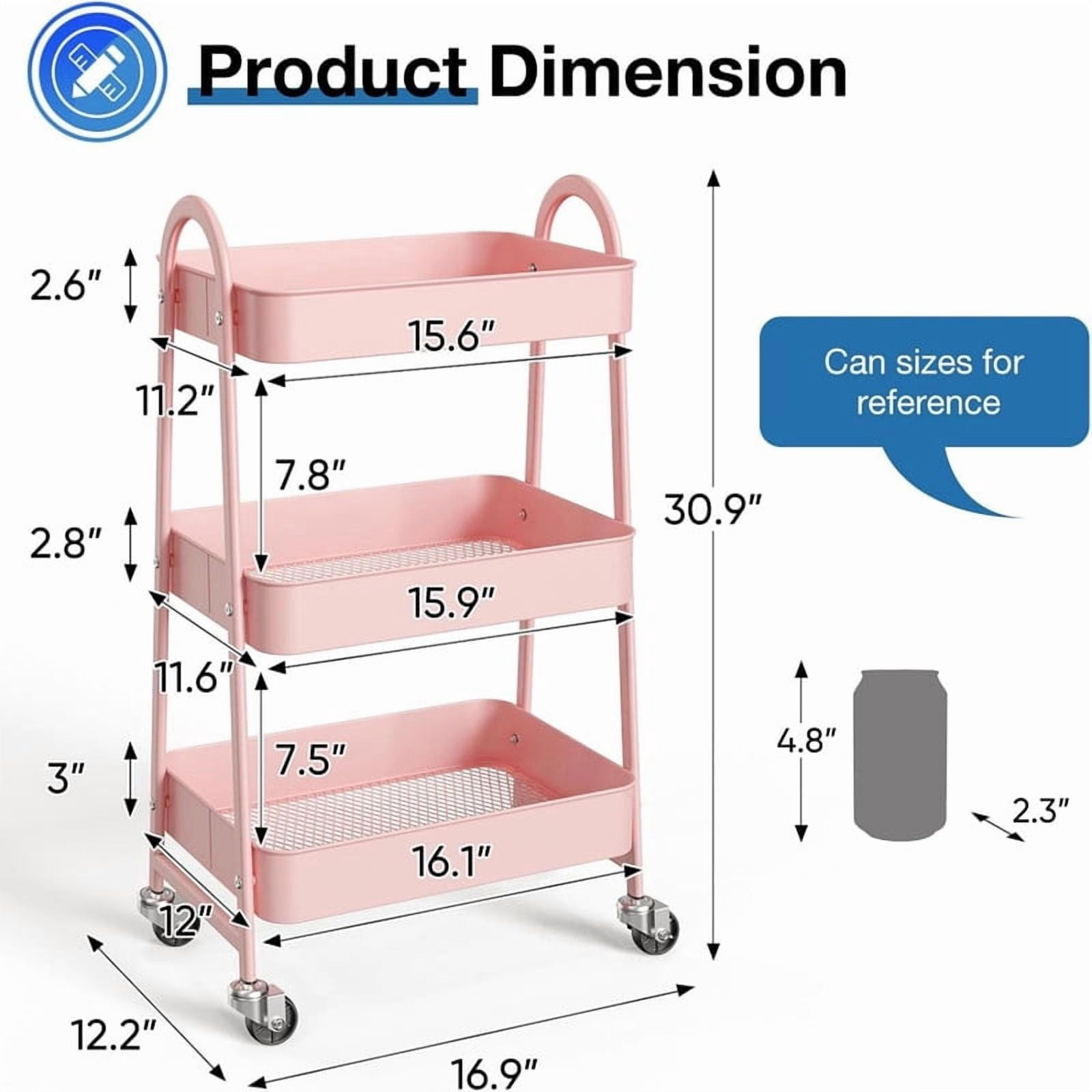 Kelno 3 Tier Rolling Cart Metal Utility Storage Cart Mobile Storage Organizer with Lockable Wheels,Pink
