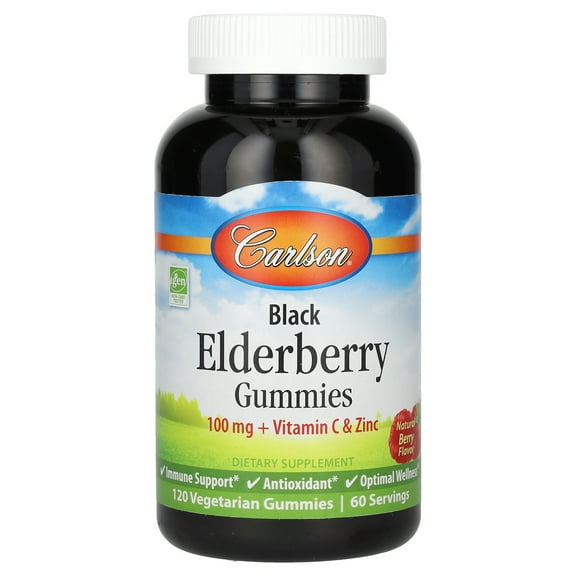 Carlson - Black Elderberry Gummies, 100 mg   Vitamin C and Zinc, Immune Support, Berry Flavor, 120 Gummies