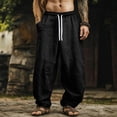 thumbnail image 3 of Domuza Linen Pants for Men Big and Tall Casual Baggy Yoga Beach Long Pants Elastic Drawstring Waistband Summer Pant Sweatpants Black 2XL, 3 of 4