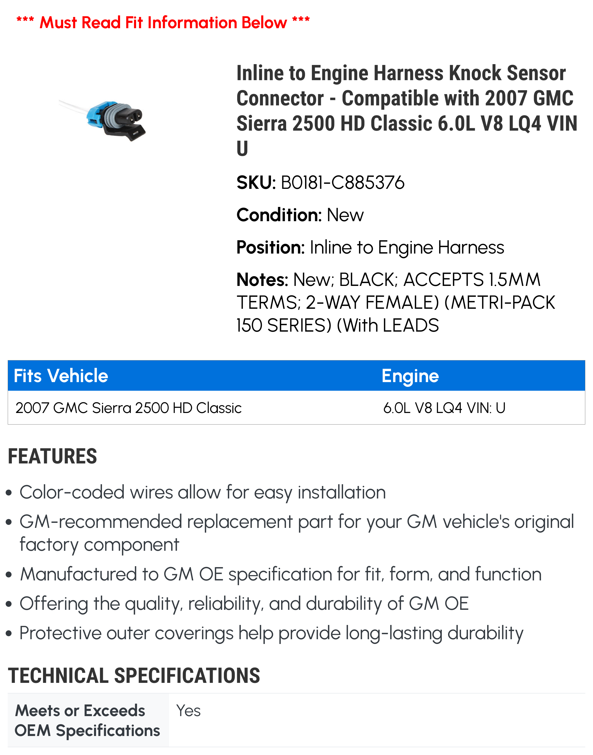 Inline to Engine Harness Knock Sensor Connector - Compatible with 2007 GMC Sierra 2500 HD Classic 6.0L V8 LQ4 VIN U