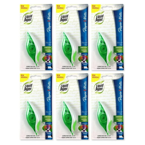 660415 Liquid Paper DryLine Grip Correction Tape Dispenser, Pack of 6, Transparent Green Body, 1/5 inches Wide x 27.8 feet Long White Tape - Applies Dry, Rewrite Instantly - Swivel Tip