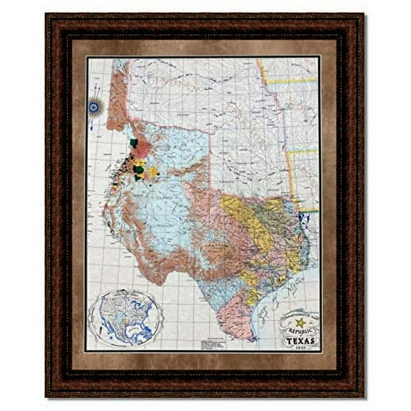 Republic of Texas Map 1845 | Framed Historic Texas Map in Double Mat | 37L X 31W" Inches