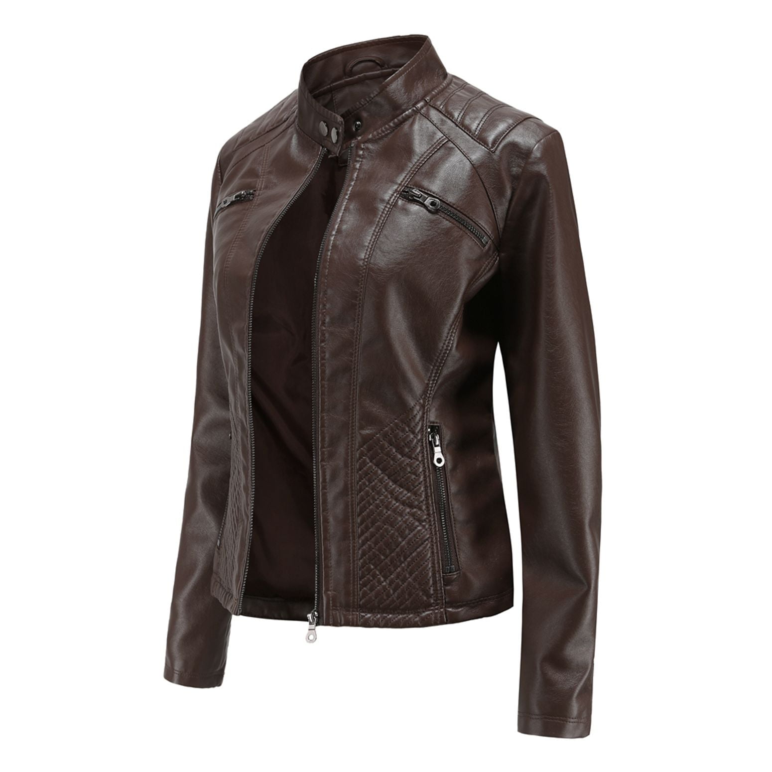 Defitshape Women's Long Sleeve Leather Jacket Faux Leather Top