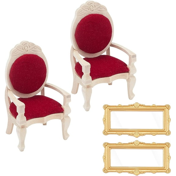1bag Miniature Dollhouse Armchairs with Mirror 4pcs 1:12 Miniature Victorian Furniture Wooden Carved Sofa Chairs Vintage Chairs for DIY Scene Home House Bed Room Living Room Decoration