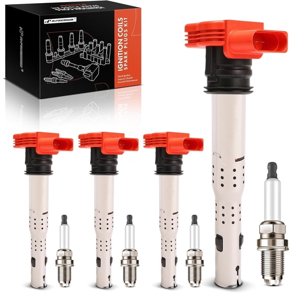 A-Premium (Red) Set of 8 Ignition Coil Pack and Iridium Spark Plugs Compatible with Volkswagen Jetta, Passat, Golf, Tiguan, Beetle, CC, Eos, GTI & Audi A4, Q5, A5, A6, A3, Q3, TT, A4 A5 A6 A3 Quattro
