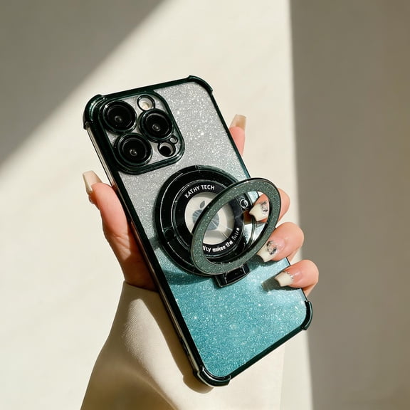 for iPhone 15 Pro Ring Stand Case Compatible with Mag-Safe, [Never Yellowing] [Clear Back   Glitter Bling Paper] Camera Lens Protector Plating Clear Phone Cover for Women Girls, Darkgreen