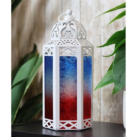 VELA LANTERNS 10.5" Moroccan Lamp Lantern Decorative Candle Holder for Indoor Outdoor Home Decor, Patio, Weddings, Red/White/Blue Glass, Medium
