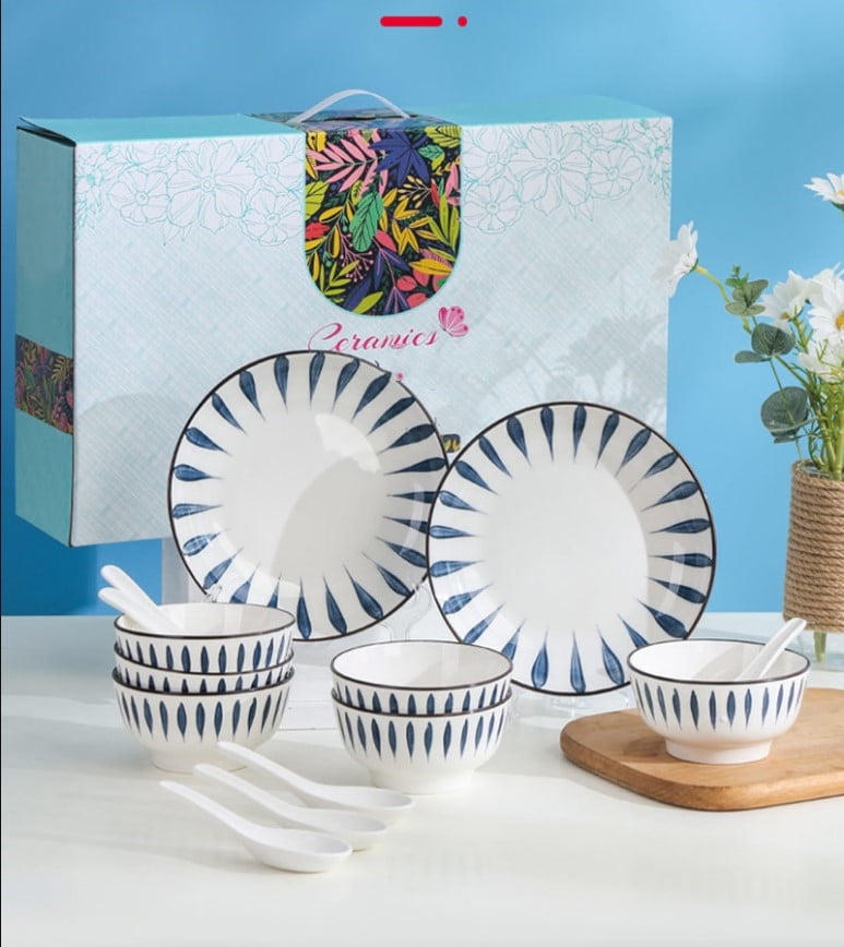 16 PCS Porcelain Kitchen Dinnerware Set with 4 Plates（8'), 6 Bowls(4.5') and 6 spoons