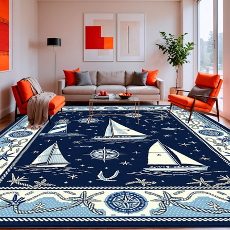 ODIKA 4'x6' Machine Washable Non-Slip Area Rug, Maritime Adventure With Lighthouse and Sailing Vessel Accents High Traffic Rug, Blue, 131460