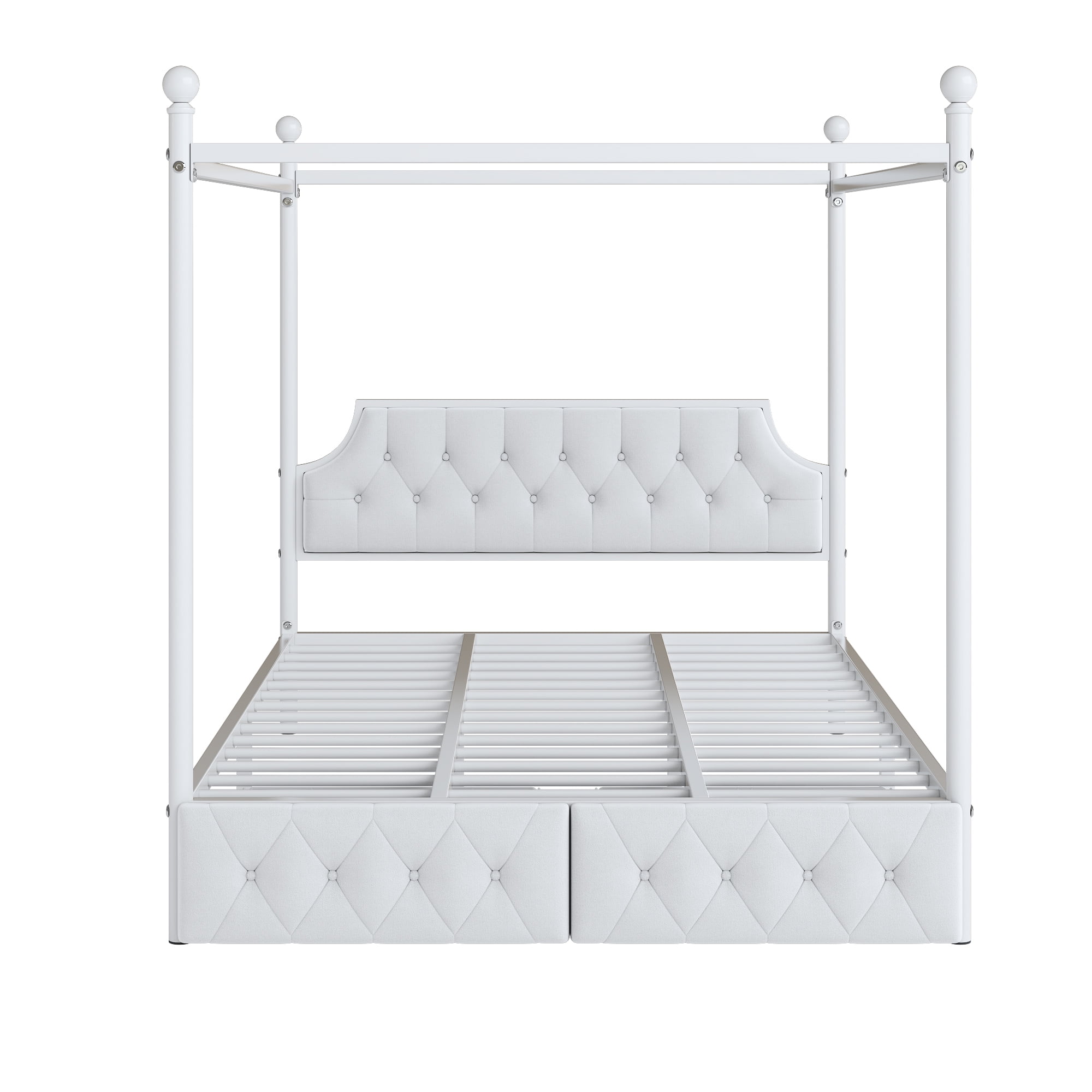 Euroco Wood Queen Size Canopy Platform Bed with Four Support Legs and 2 Drawers for Kids Teens Adults, White