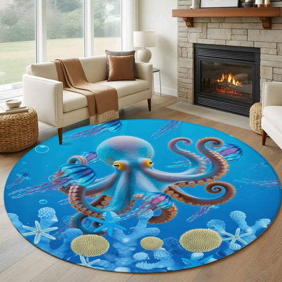 Blue Coastal Octopus Round Area Rug 6Ft Washable Circle Rugs for Bathroom Office, Coral Jellyfish Undersea Creatures Non-Slip Carpet Floor Mats Indoor Outdoor Carpet Runner Aesthetic Home Decor