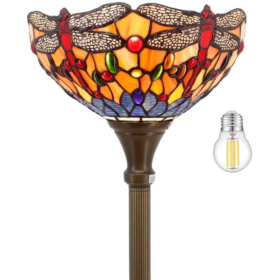 Tiffany Floor Lamp Torchiere Up Lighting W12H66 Inch Blue Orange Stained Glass Crystal Bead Dragonfly Style Lampshade Antique Standing Iron Base 1E26 Foot Switch S168 Home Office Decoration
