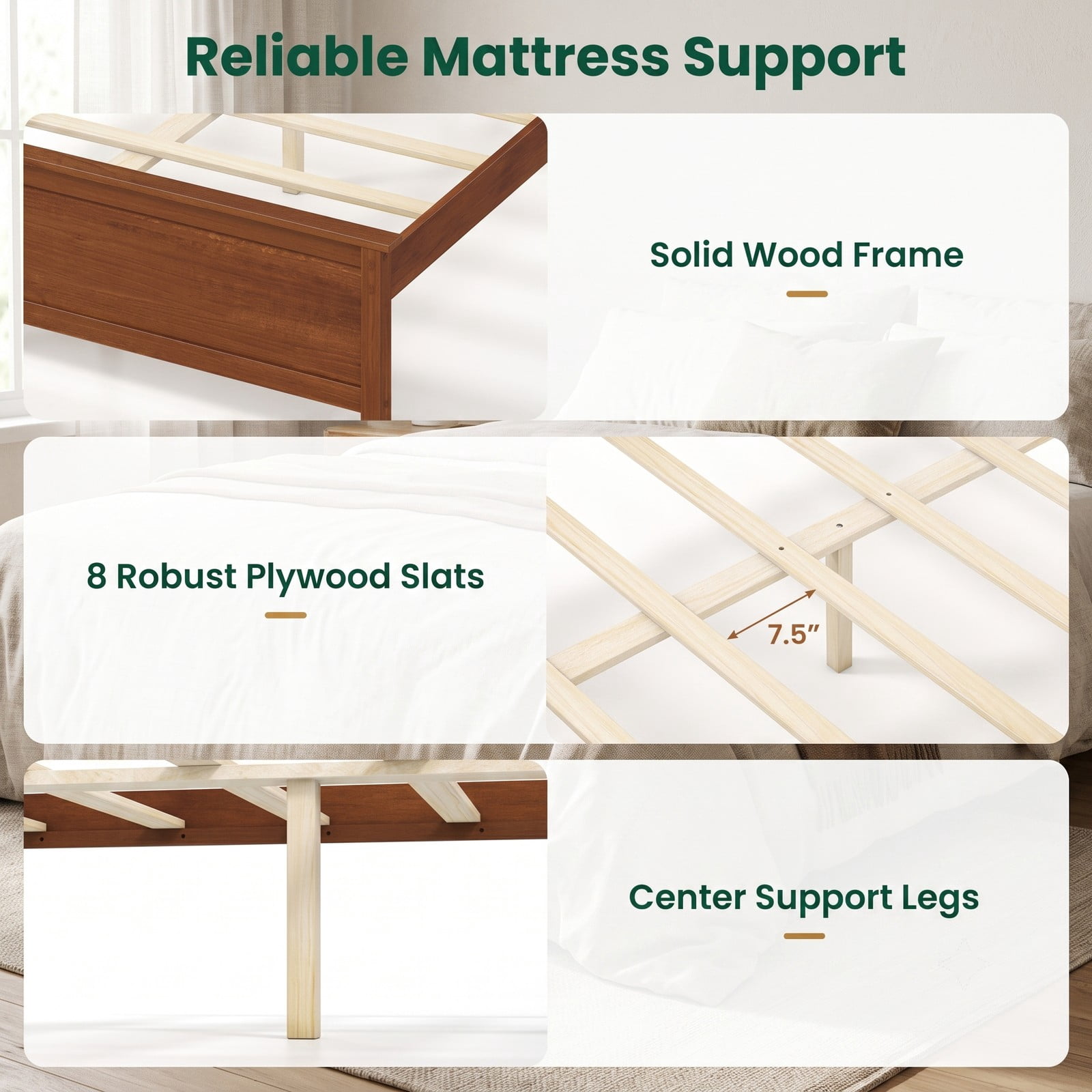 Furnibear Full Size Bed Frame Solid Wood Platform Bed with Arched Headboard and Slat Support, No Box Spring Needed, Walnut
