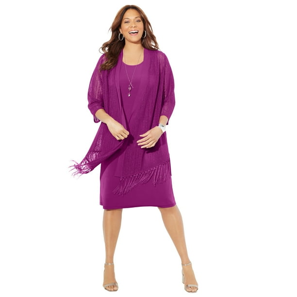Catherines Women's Plus Size Crochet Fringe Jacket And Dress