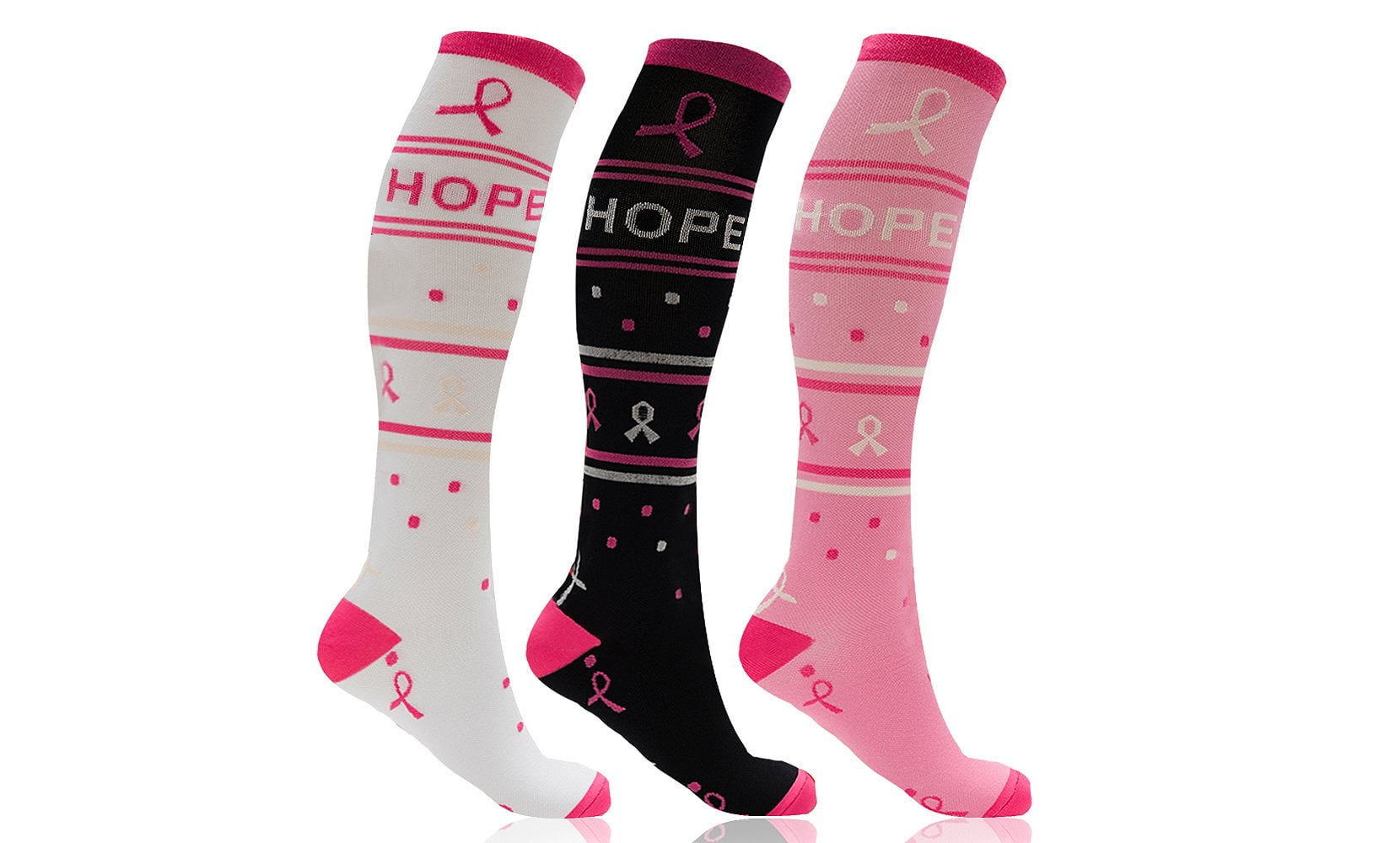 Women's Compression Socks White Black Pink Knit 8-15mmHg Compression Nurse Travel
