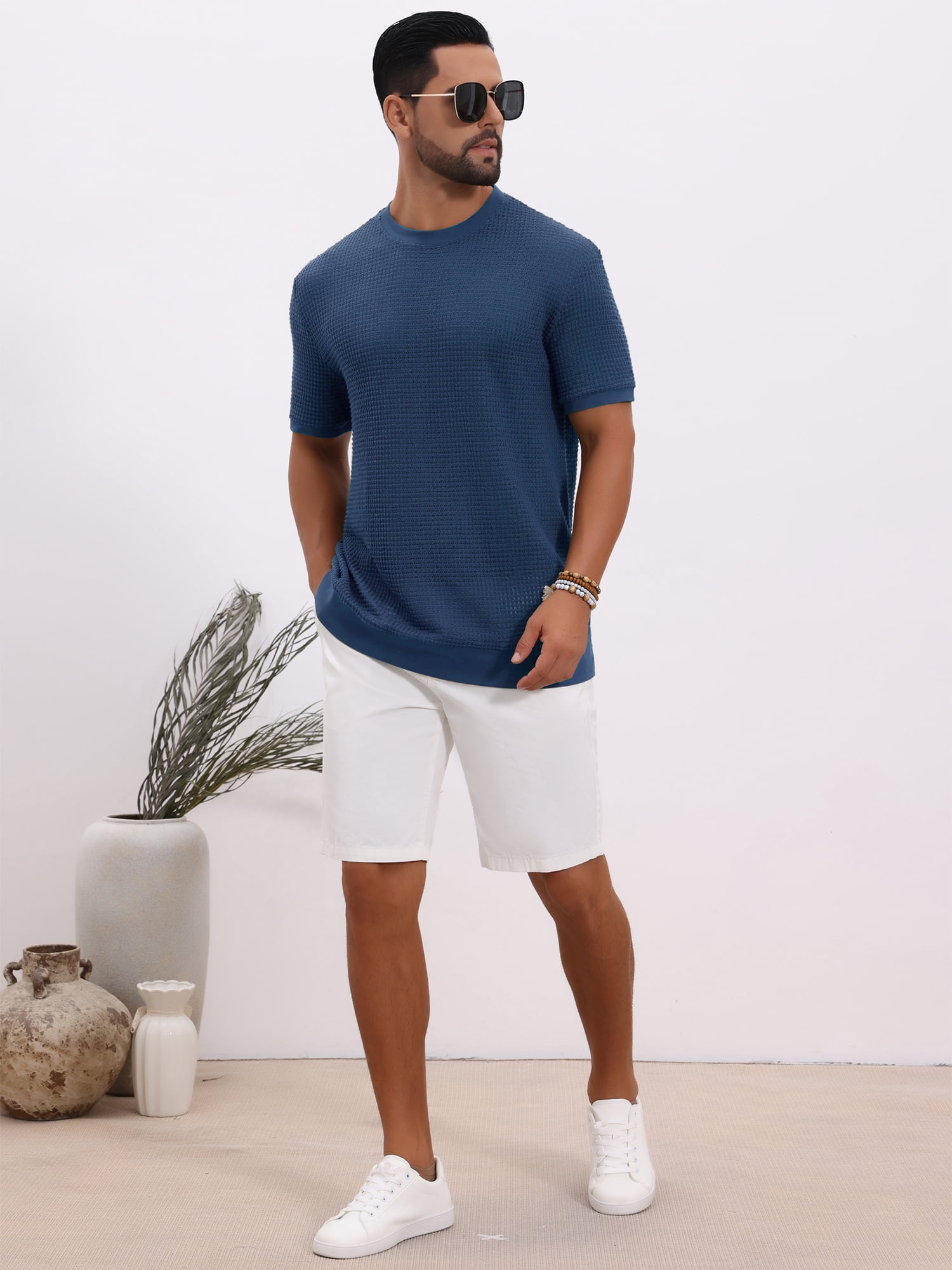 DARING DIVA Men's Waffle Short Sleeve Crew Neck Solid Knitted T-Shirt S Dark Blue