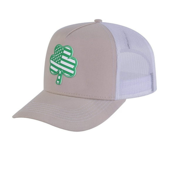 Unisex Embroidered St. Patrick'S Day Four Leaf Shamrock, 5-Panel Trucker Hat, Beige/White, Adjustable Fit