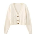 thumbnail image 4 of Fiaer Women's Cropped Sweaters Long Sleeve Button down V Neck Fashion Solid Warm Loose Fit Tops Beige One Size, 4 of 4