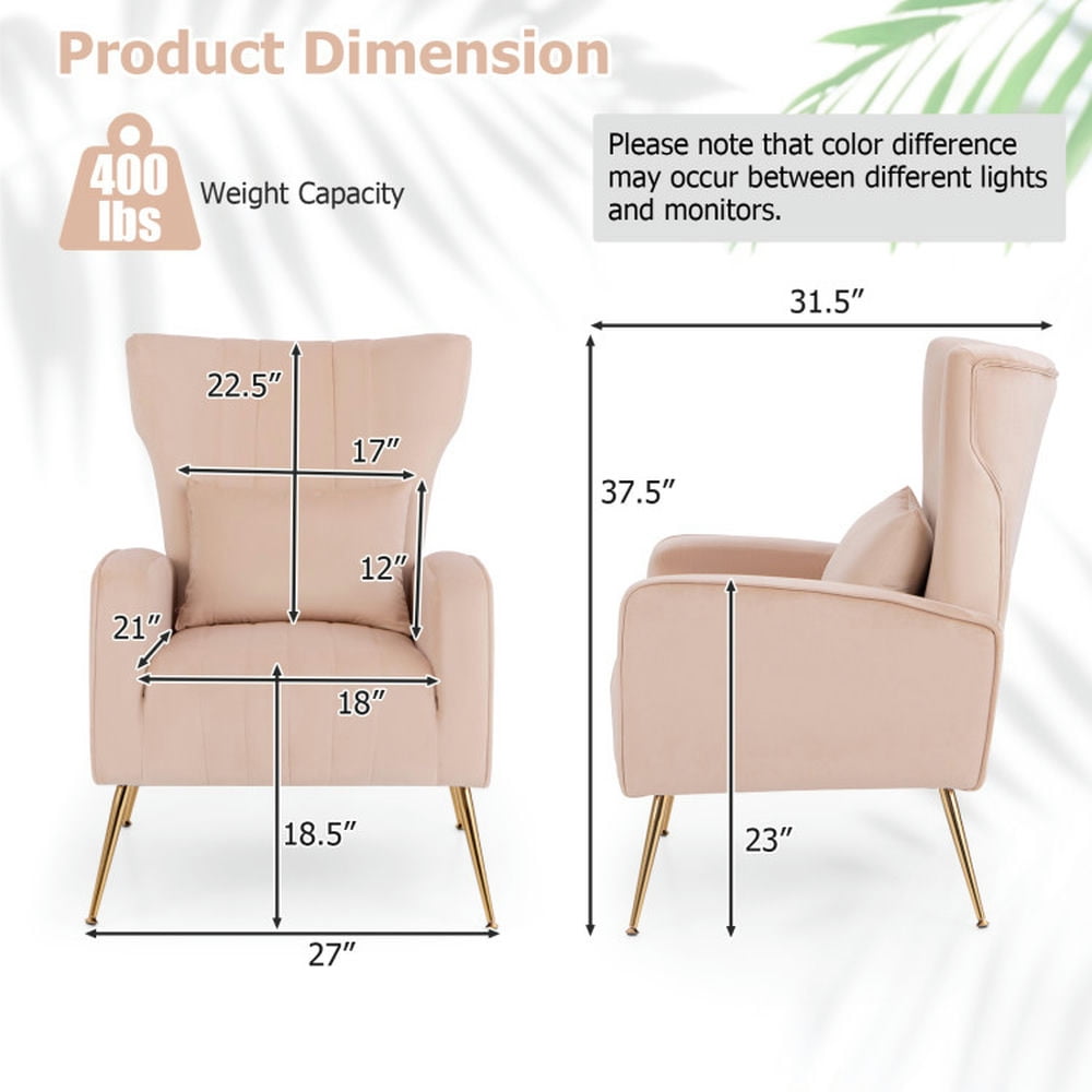 Finihen Accent Chair, Wingback Accent Armchair, Modern Accent Chair, Velvet Upholstered Wingback Chair with Lumbar Pillow and Golden Metal Legs, for Living Room, Bedroom, Pink Finihen Accent Chair, Wingback Accent Armchair, Modern Accent Chair, Velvet Upholstered Wingback Chair with Lumbar Pillow and Golden Metal Legs, for Living Room, Bedroom, Pink