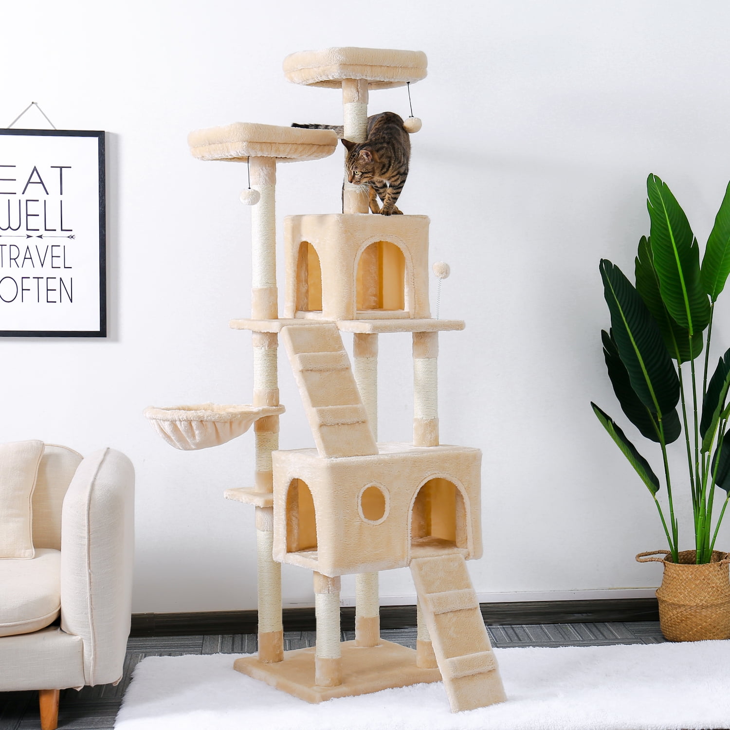 Kepooman Cat Tree With Scratching Posts, Kitten Tower Center with 2 Condos Natural Sisals, Pet Play Condo Furniture, Beige Kepooman Cat Tree With Scratching Posts, Kitten Tower Center with 2 Condos Natural Sisals, Pet Play Condo Furniture, Beige