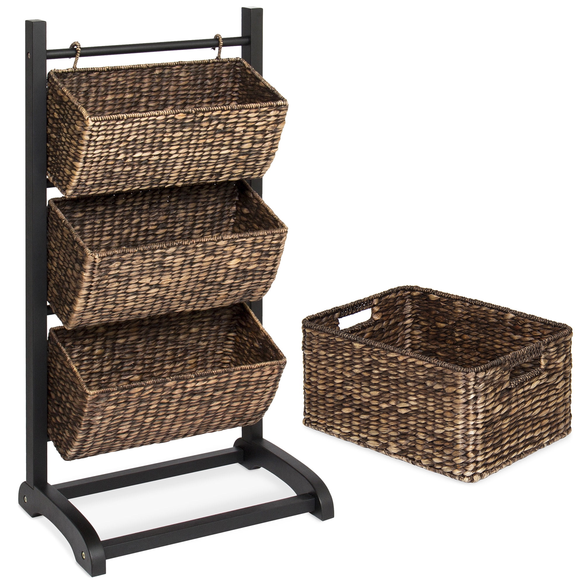 Best Choice Products 3 Tier Water Hyacinth Floor Rack Stand Organizer Tower Cubby Display W Hanging Storage Baskets Metal Frame Brown