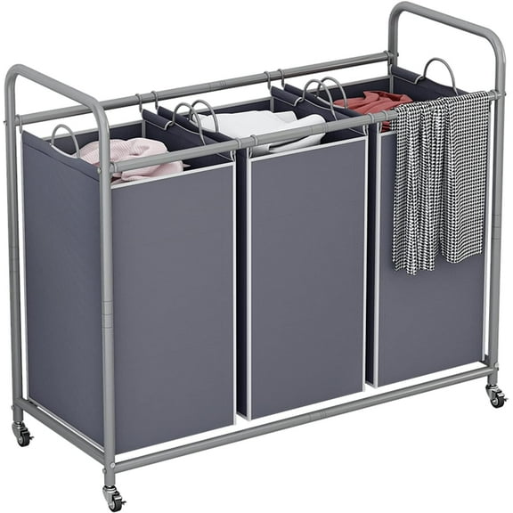 3-Bag Laundry Sorter,Laundry Hamper Cart with Heavy Duty Rolling Lockable Wheels and Removable Bags (Grey)