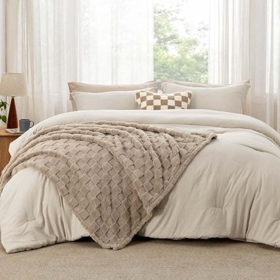King Size Comforter Set 5 Pieces with Checkered Throw Blanket and Decorative Pillow, Light Weight All Season Bedding, Linen Beige Plaid