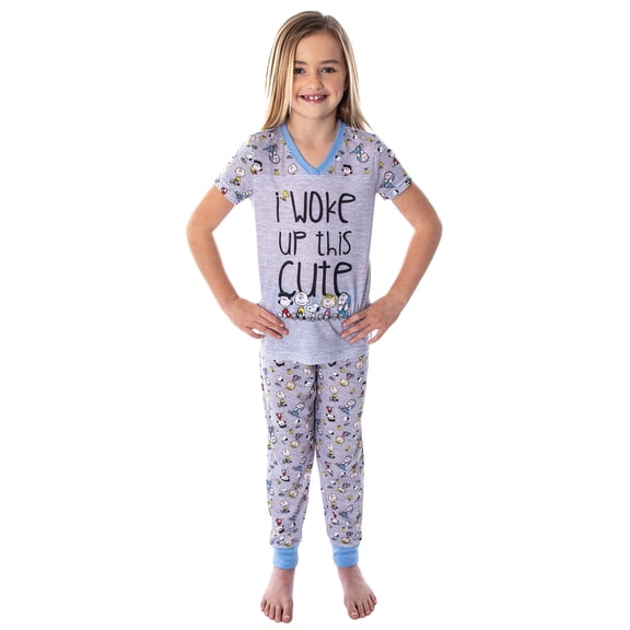 Peanuts Girls' Woke Up This Cute Snoopy Charlie Brown Short-Sleeve Shirt Jogger Pant 2-Piece Pajama Set Lounge Sleepwear