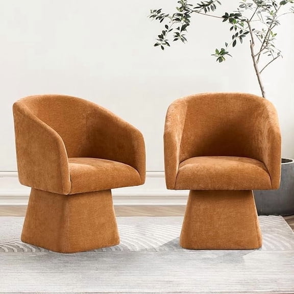 ENYLAY Swivel Modern Accent Chair,Luxury Fabric Upholstered Makeup Chair Comfy Barrel Chair with No Wheels,360°Rotating Vanity Armchair for Living Room Bedroom Office (Orange, 2Pcs)