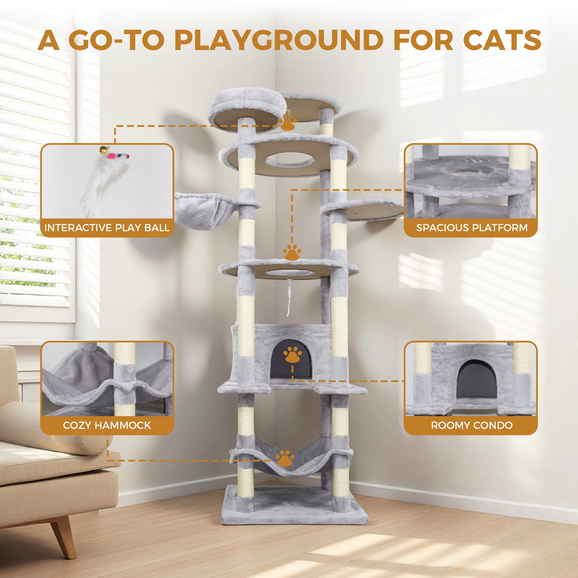 78.8-Inch Light Gray Cat Tree with 12 Scratching Posts, Large Condo, Big Hammock, and Interactive Toys for 3-4 Cats, Light Gray
