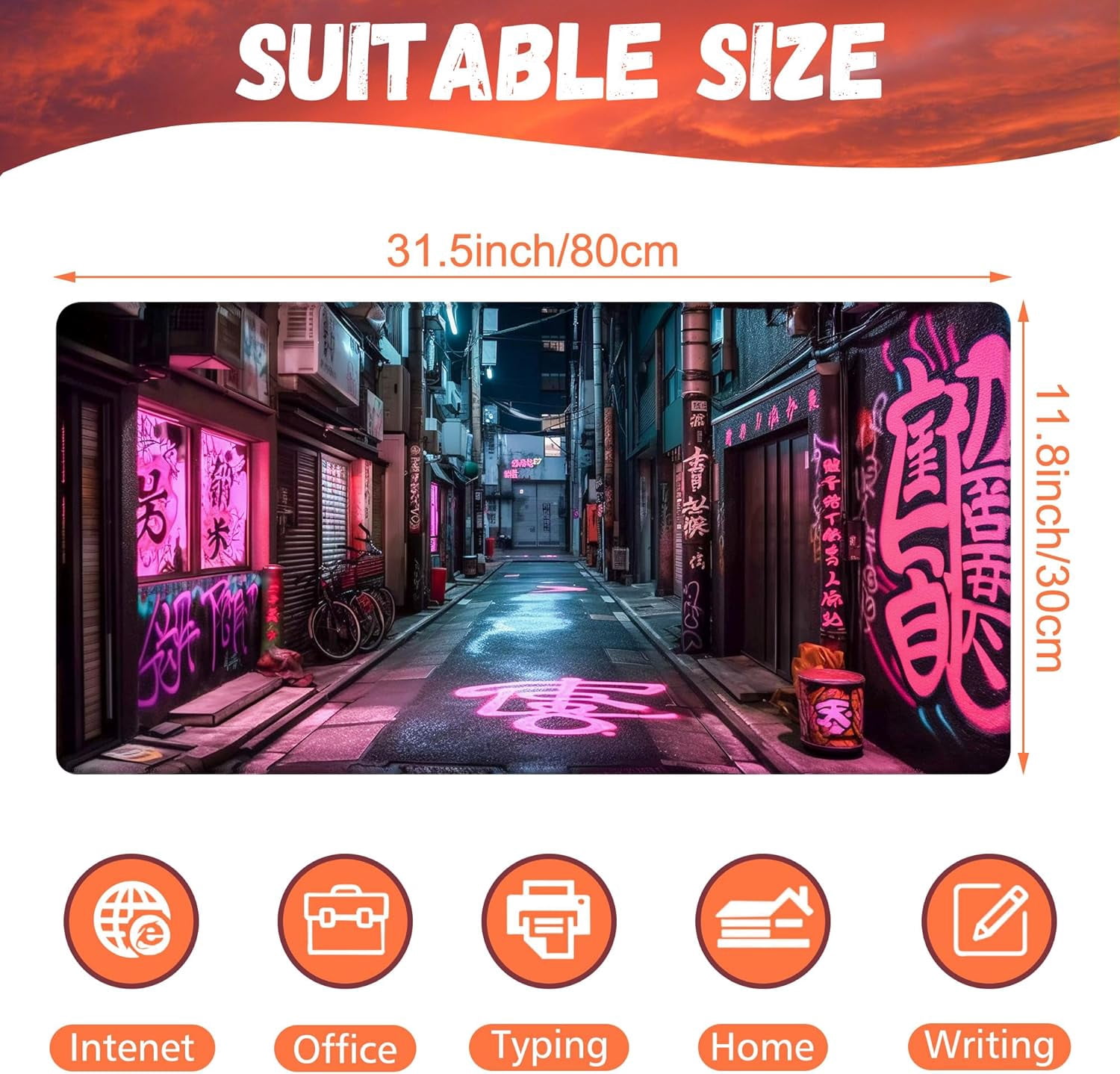 Desk Pad, Anime City Street Scene Desk Mat, Pink Neon Street Large Gaming Mouse Pad for Desk, 31.5"x11.8" Extended Big Computer Keyboard Mouse Pad with Non-Slip Base and Stitched Edge