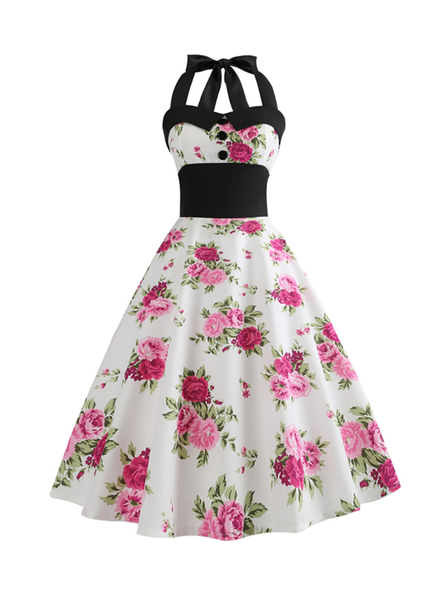 50s Rockabilly Pink Black Floral Retro Vintage Audrey Hepburn Dress 